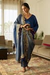Sarang Kaur Blue Satin, Silk, Tissue Embroidery, Zari V-neck Dua Kurta Set at Aza Fashions Sarang Kaur_Blue Satin, Silk, Tissue Embroidery, Zari V-neck Dua Kurta Set _at_Aza_Fashions
