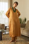 Shop_Sarang Kaur_Mustard Satin, Silk, Tissue Embroidery, Zari V-neck Dua Kurta Set _at_Aza_Fashions