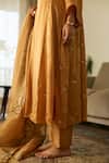Buy_Sarang Kaur_Mustard Satin, Silk, Tissue Embroidery, Zari V-neck Dua Kurta Set _Online_at_Aza_Fashions
