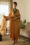 Buy_Sarang Kaur_Mustard Satin, Silk, Tissue Embroidery, Zari V-neck Dua Kurta Set _at_Aza_Fashions