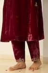 Shop_Sarang Kaur_Maroon Velvet, Silk Organza Embroidery, Metallic Pink Muraad Kurta Pant Set _Online_at_Aza_Fashions
