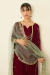 Buy_Sarang Kaur_Maroon Velvet, Silk Organza Embroidery, Metallic Pink Muraad Kurta Pant Set 