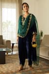 Shop_Sarang Kaur_Blue Velvet, Silk Organza Embroidery, Zari Split V-neck Muraad Kurta Pant Set _Online_at_Aza_Fashions