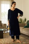 Sarang Kaur_Blue Velvet, Silk Organza Embroidery, Zari Split V-neck Muraad Kurta Pant Set _at_Aza_Fashions