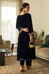 Shop_Sarang Kaur_Blue Velvet, Silk Organza Embroidery, Zari Split V-neck Muraad Kurta Pant Set _at_Aza_Fashions