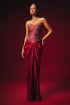 Buy_Roze_Red Chanderi, Crepe, Satin Embroidery Zyra Hand Corset And Draped Skirt _at_Aza_Fashions