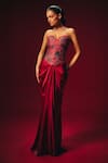 Shop_Roze_Red Chanderi, Crepe, Satin Embroidery Zyra Hand Corset And Draped Skirt _at_Aza_Fashions