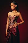 Roze Wine Tussar, Crepe, Satin Embroidery Amara Hand Corset And Draped Skirt Set at Aza Fashions Roze_Wine Tussar, Crepe, Satin Embroidery Amara Hand Corset And Draped Skirt Set _at_Aza_Fashions
