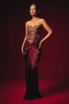 Buy Roze Wine Tussar, Crepe, Satin Embroidery Amara Hand Corset And Draped Skirt Set Buy_Roze_Wine Tussar, Crepe, Satin Embroidery Amara Hand Corset And Draped Skirt Set