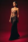 Roze_Black Tussar, Satin Embroidery, Sequins Tisya Corset And Draped Skirt Set _Online_at_Aza_Fashions