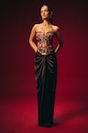 Buy_Roze_Black Tussar, Satin Embroidery, Sequins Tisya Corset And Draped Skirt Set _Online_at_Aza_Fashions