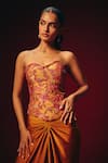 Buy_Roze_Mustard Chanderi, Crepe, Satin Embroidery, Beads Zeba Corset And Draped Skirt Set _Online_at_Aza_Fashions