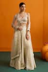 Buy_Bhawna Sethi_Ivory Silk, Crepe, Organza Mirrors, Tara Mirrorwork Blouse Lehenga Set _at_Aza_Fashions