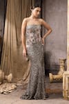 Rocky Star_Gray Net Sequins, Applique Square Neck Floral Gown _Online_at_Aza_Fashions