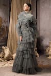 Rocky Star_Gray Net Embroidery, Stones High Neck Tiered Ruffle Tulle Gown  _Online_at_Aza_Fashions