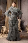 Buy_Rocky Star_Gray Net Embroidery, Stones High Neck Tiered Ruffle Tulle Gown  _at_Aza_Fashions