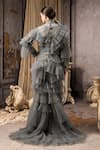 Shop_Rocky Star_Gray Net Embroidery, Stones High Neck Tiered Ruffle Tulle Gown  _at_Aza_Fashions