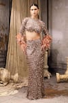 Buy_Rocky Star_Rose Gold Net Tassels, Feathers, Sequins Round Embellished Blouse And Skirt Set _at_Aza_Fashions
