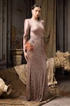 Rocky Star_Pink Net, Silk Beads, Feathers Round Neck Satin And Hand Embroidered Gown _at_Aza_Fashions