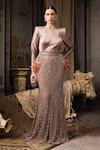 Buy_Rocky Star_Pink Net, Silk Beads, Feathers Round Neck Satin And Hand Embroidered Gown _at_Aza_Fashions