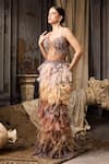 Rocky Star_Beige Net Sequins, Beads, Feathers Sweetheart Beadwork Corset With Work Lehenga _Online_at_Aza_Fashions