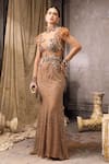 Rocky Star_Gold Net Beads, Sequins, Feathers High Neck Embellished Sheer Gown  _Online_at_Aza_Fashions