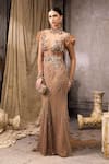Buy_Rocky Star_Gold Net Beads, Sequins, Feathers High Neck Embellished Sheer Gown  _Online_at_Aza_Fashions