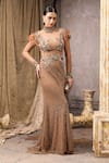 Shop_Rocky Star_Gold Net Beads, Sequins, Feathers High Neck Embellished Sheer Gown  _Online_at_Aza_Fashions