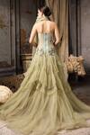 Shop_Rocky Star_Green Tulle, Net Crystals, Ruffles Hand Embroidered Tiered Gown With Scarf _at_Aza_Fashions