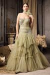 Buy_Rocky Star_Green Tulle, Net Crystals, Ruffles Hand Embroidered Tiered Gown With Scarf _at_Aza_Fashions