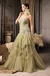 Buy_Rocky Star_Green Tulle, Net Crystals, Ruffles Hand Embroidered Tiered Gown With Scarf _Online_at_Aza_Fashions