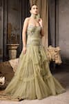 Shop_Rocky Star_Green Tulle, Net Crystals, Ruffles Hand Embroidered Tiered Gown With Scarf _Online_at_Aza_Fashions