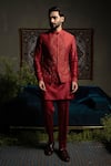 Buy_Runit Gupta_Red Chanderi , Vegan Embroidery, Zari Deep Blood Bundi And Kurta Set _at_Aza_Fashions