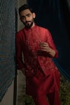 Buy_Runit Gupta_Red Chanderi , Vegan Embroidery, Zari Deep Blood Bundi And Kurta Set _Online_at_Aza_Fashions