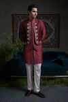 Buy_Runit Gupta_Maroon Chanderi , Vegan Embroidery, Metallic Panelled Bundi And Kurta Set _at_Aza_Fashions