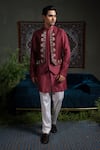 Runit Gupta_Maroon Chanderi , Vegan Embroidery, Metallic Panelled Bundi And Kurta Set _Online_at_Aza_Fashions