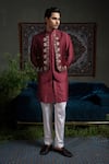 Shop_Runit Gupta_Maroon Chanderi , Vegan Embroidery, Metallic Panelled Bundi And Kurta Set _Online_at_Aza_Fashions