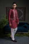 Runit Gupta_Maroon Chanderi , Vegan Embroidery, Metallic Panelled Bundi And Kurta Set _at_Aza_Fashions