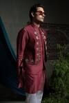 Buy_Runit Gupta_Maroon Chanderi , Vegan Embroidery, Metallic Panelled Bundi And Kurta Set 