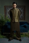 Runit Gupta_Olive Green Chanderi Silk Embroidery Zipper Nehru Jacket _Online_at_Aza_Fashions