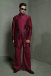 Buy_Runit Gupta_Wine Chanderi , Vegan Embroidery Palm Bundi And Kurta Set _at_Aza_Fashions