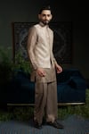Runit Gupta_Beige Chanderi Silk Beads, Sequins Lotus Chheeta Embroidered Nehru Jacket _Online_at_Aza_Fashions
