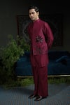 Shop_Runit Gupta_Wine Chanderi Silk Embroidery Palm Nehru Jacket _Online_at_Aza_Fashions