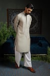 Buy_Runit Gupta_Gray Chanderi , Vegan Beads, Embroidery Paisley Pour Kurta Set _Online_at_Aza_Fashions