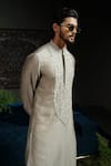 Runit Gupta_Gray Chanderi , Vegan Beads, Embroidery Paisley Pour Kurta Set _at_Aza_Fashions
