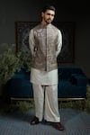 Shop_Runit Gupta_Green Chanderi Silk Embroidery Forest Amoeba Nehru Jacket _Online_at_Aza_Fashions