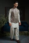 Runit Gupta_Green Chanderi , Vegan Embroidery Forest Amoeba Bundi Set _Online_at_Aza_Fashions