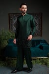 Runit Gupta_Green Chanderi , Vegan Embroidery Deep Emerald Amoeba Kurta Set _Online_at_Aza_Fashions