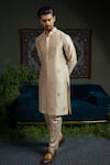 Runit Gupta_Beige Chanderi , Vegan Embroidery Glitter Metal Kurta Set _Online_at_Aza_Fashions