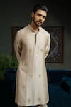 Runit Gupta_Beige Chanderi , Vegan Embroidery Glitter Metal Kurta Set _at_Aza_Fashions